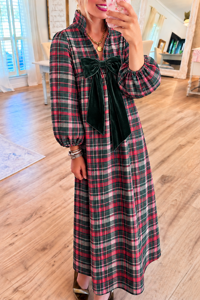 Pink and Green Plaid Velvet Bow Pocket Maxi Dress