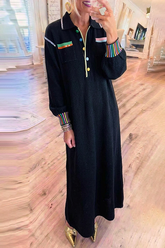 Black Collared Knit Contrast Pockets Maxi Dress