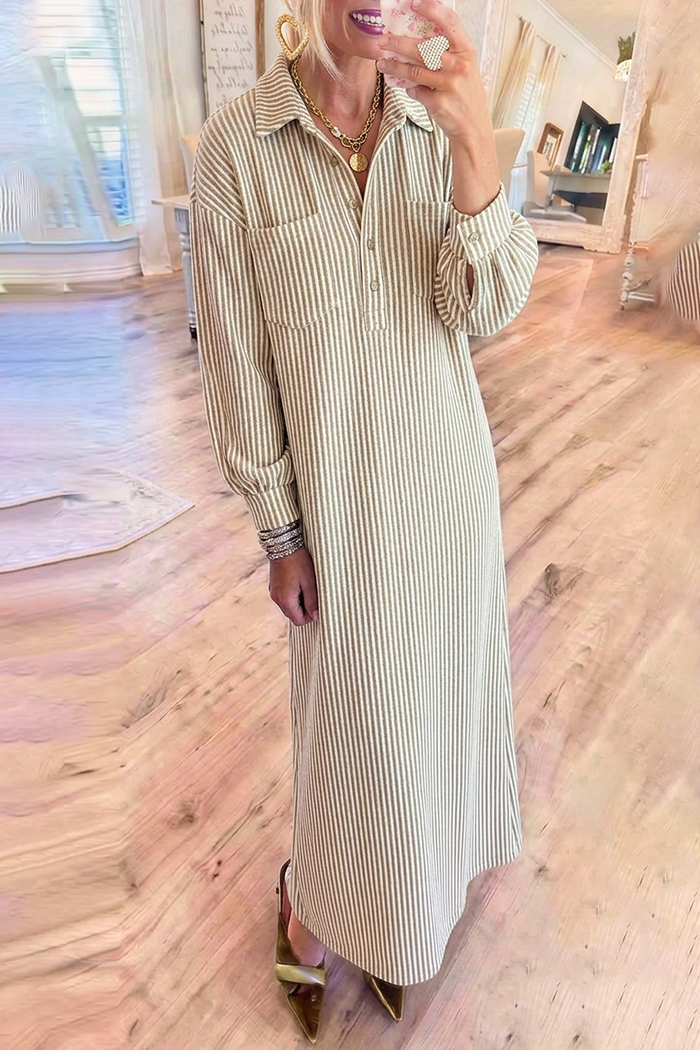 Stripe Knit Collared Half‑Button Chest Pocket Maxi Dress