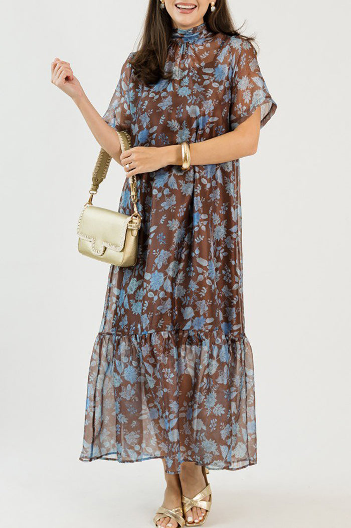 Mock Neck Short Sleeve Back Tie Floral Tiered Maxi Dress