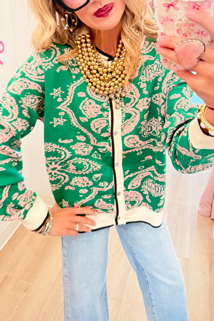 Green Paisley Knit Front Button Long Sleeve Cardigan