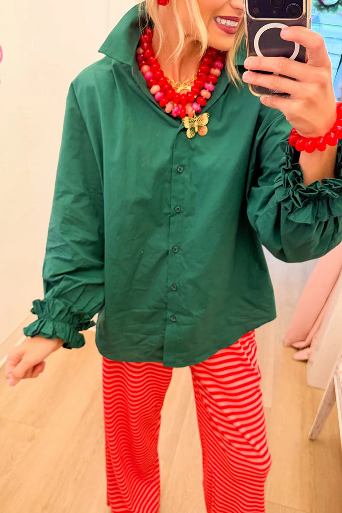 Hunter Green Ruffle Cuff Collared Top