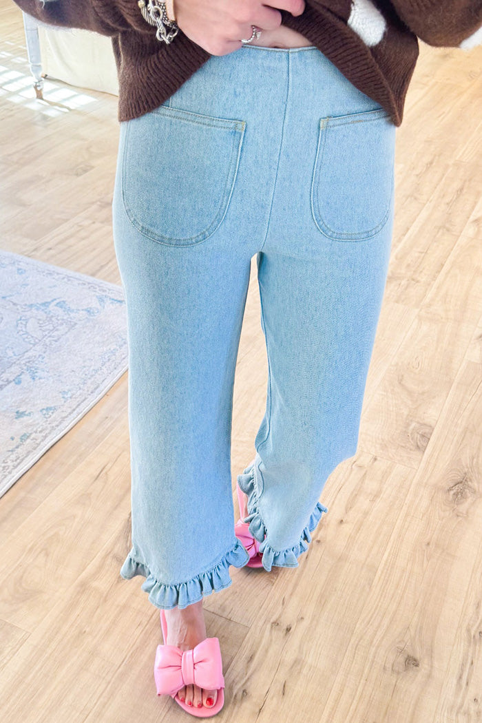 Ruffle Hem Back Zipper Denim Pants