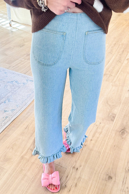 Ruffle Hem Back Zipper Denim Pants