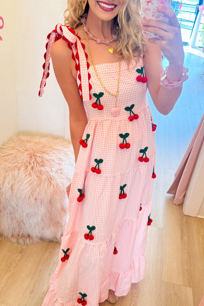 Scallop Trim Straps Cherry Gingham Maxi Dress