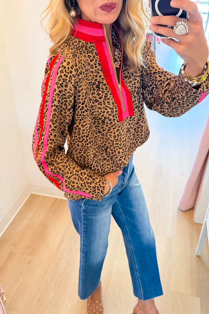 Leopard Contrast Stripe Front Zip Top