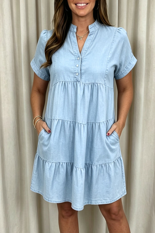 Short Sleeve Ruffle Hem Pocket Denim Dress