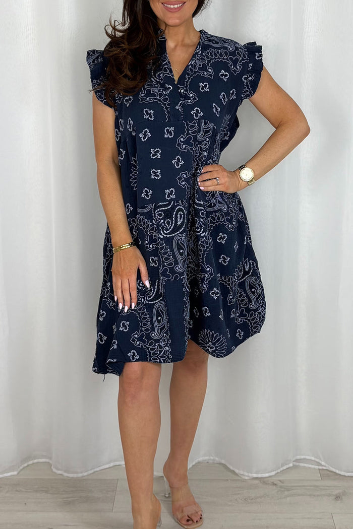 Ruffle Sleeve Paisley Print Smock Dress