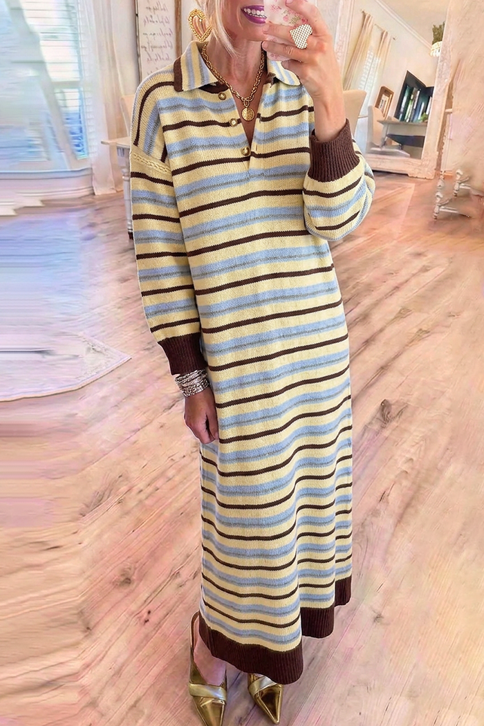 Multi Stripe Knit Collared Maxi Dress