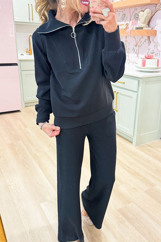 Ribbed Front Zip Pant Set