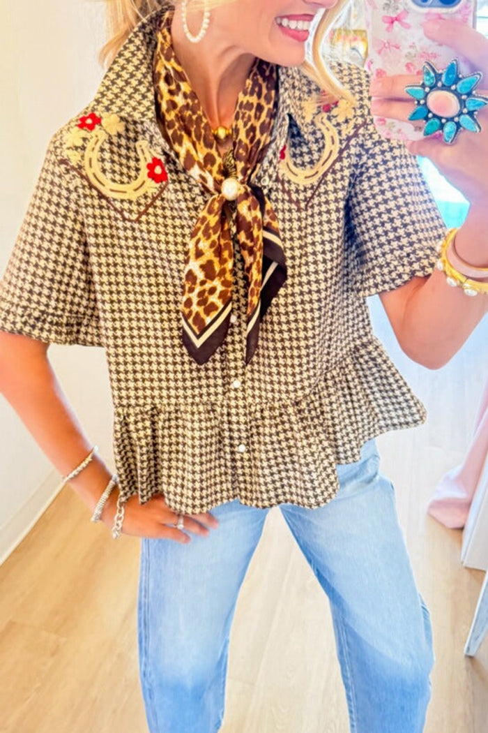 Brown Houndstooth Embroidered Ruffle Hem Top