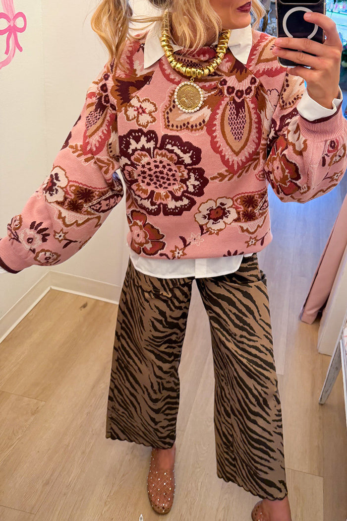 Mauve Floral Balloon Sleeve Sweater
