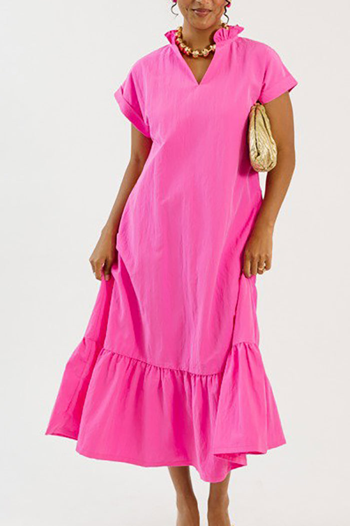 Cuffed Sleeve Ruffle Hem Pocket Midi Dress