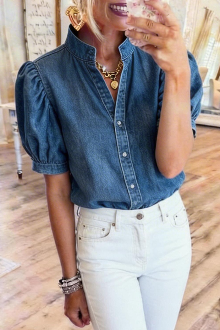 Puff Sleeve Button Front Denim Top