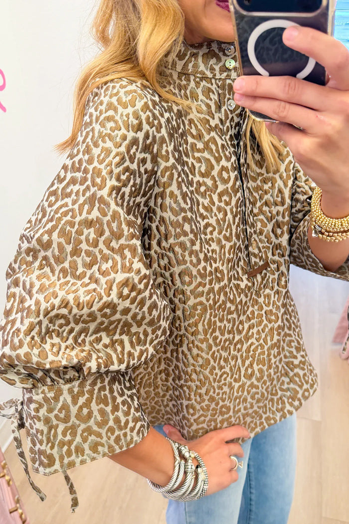 Taupe Leopard Jacquard Puff Sleeve Top