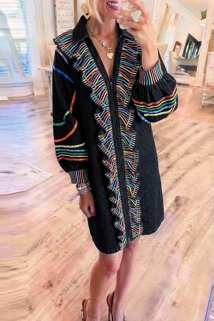 Black Denim Colorful Ruffle Pocket Shirt Dress