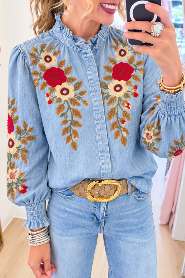 Ruffle Collar Floral Embroidered Denim Top