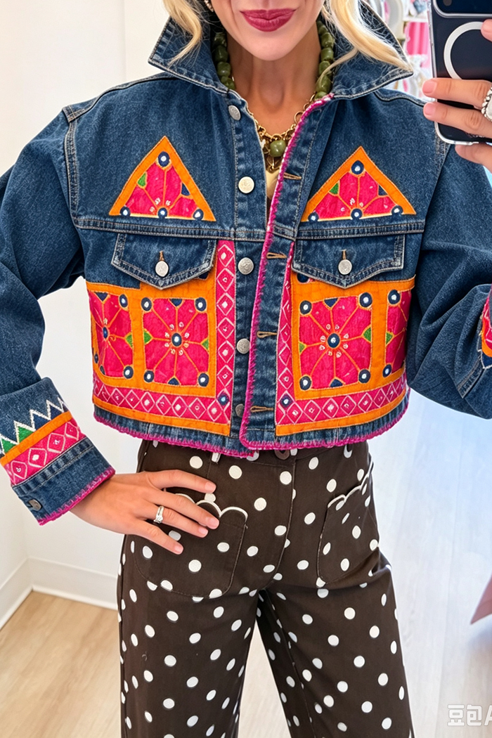 Cropped Geometric Applique Denim Pockets Jacket