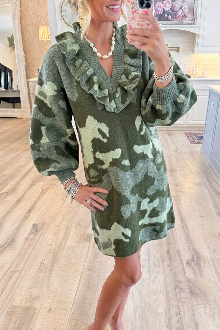 Camo Knit Ruffle Neck Balloon Sleeve Shift Dress