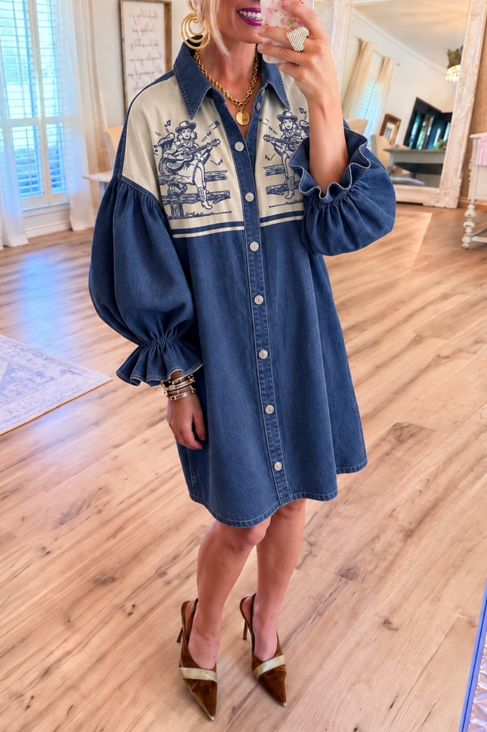 Dark Blue Denim Cowgirl Guitar Bubble Ruffle Sleeve Dress