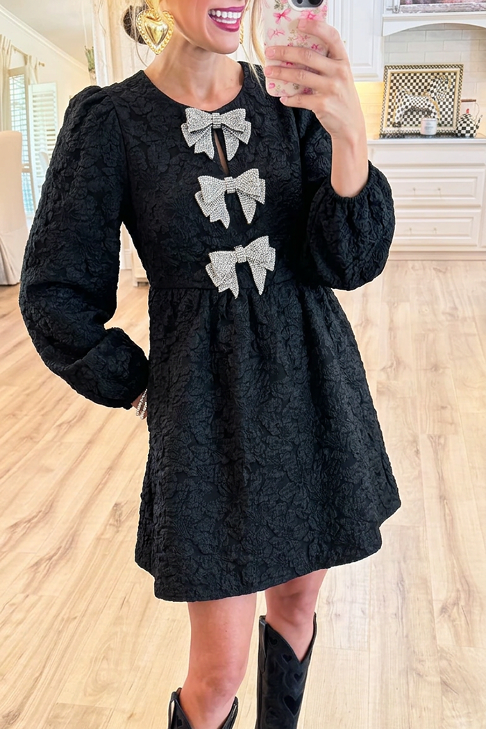 Round Neck Black Jacquard Rhinestone Bows Pocket Dress