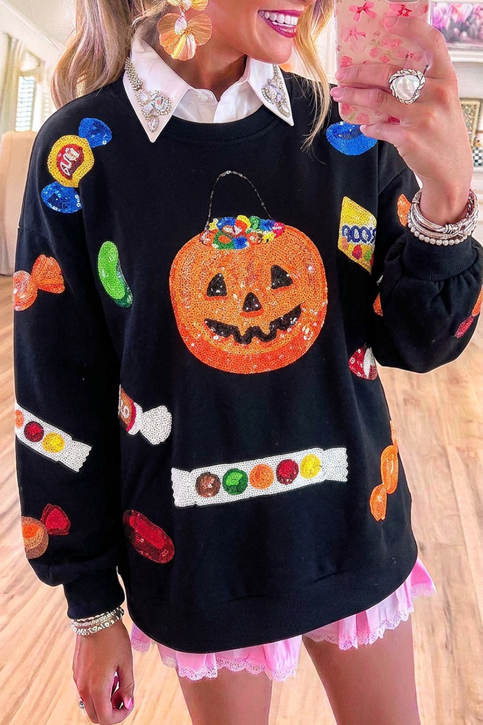 Halloween Sequin Crew Neck Long Sleeve Sweatshirt