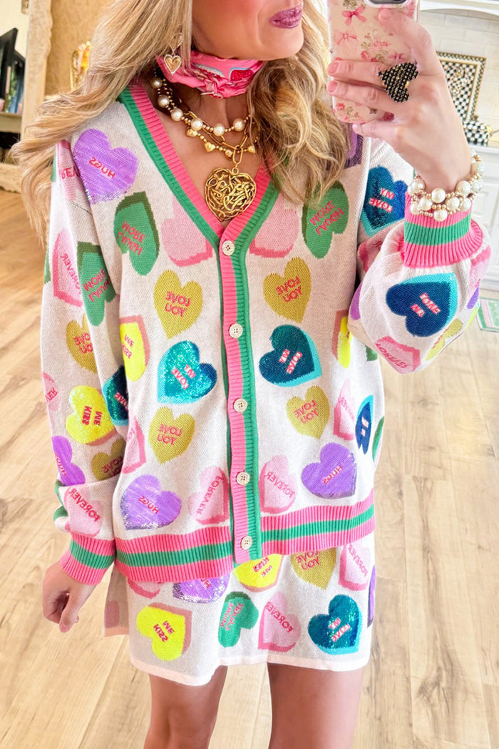 Heart Print Button Up Cardigan Set