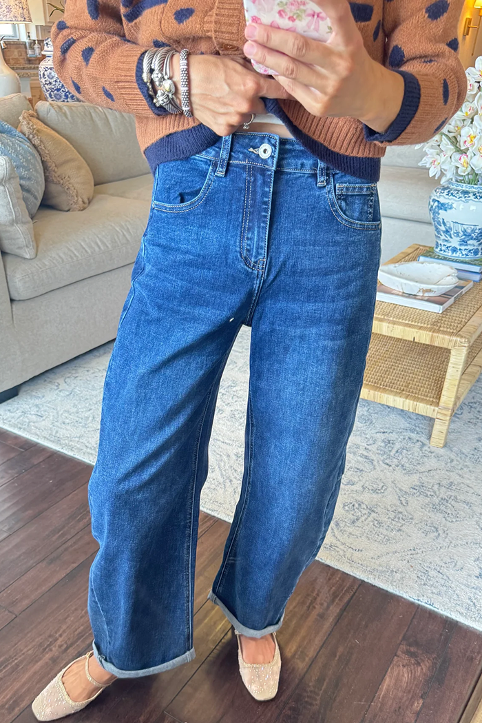 Dark Wash Cuffed Hem Barrel Leg Pockets Jeans