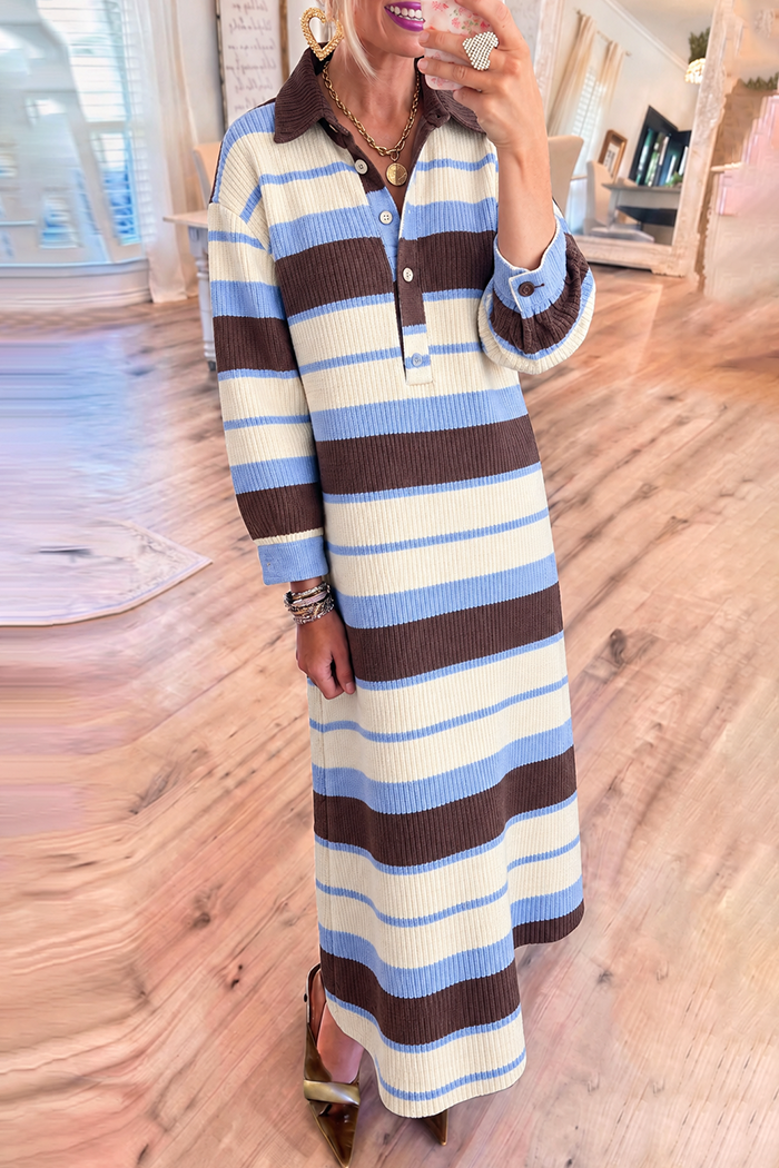 Striped Rib Knit Collared Pockets Maxi Dress