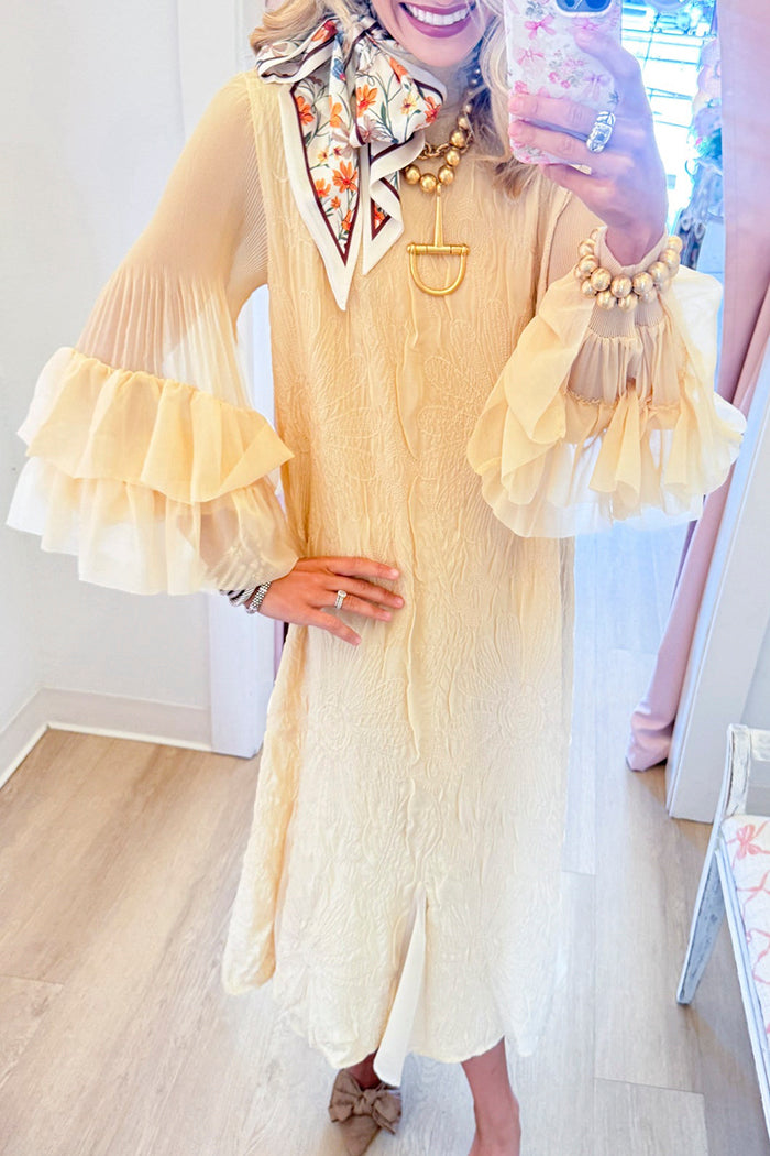 Floral Embroidered Ruffle Bell Sleeve Crinkle Dress