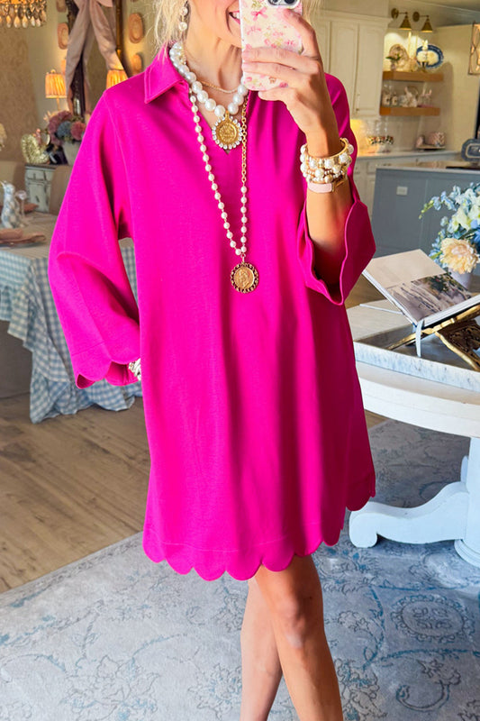 Scallop Hem 3/4 Sleeve Pocket Dress