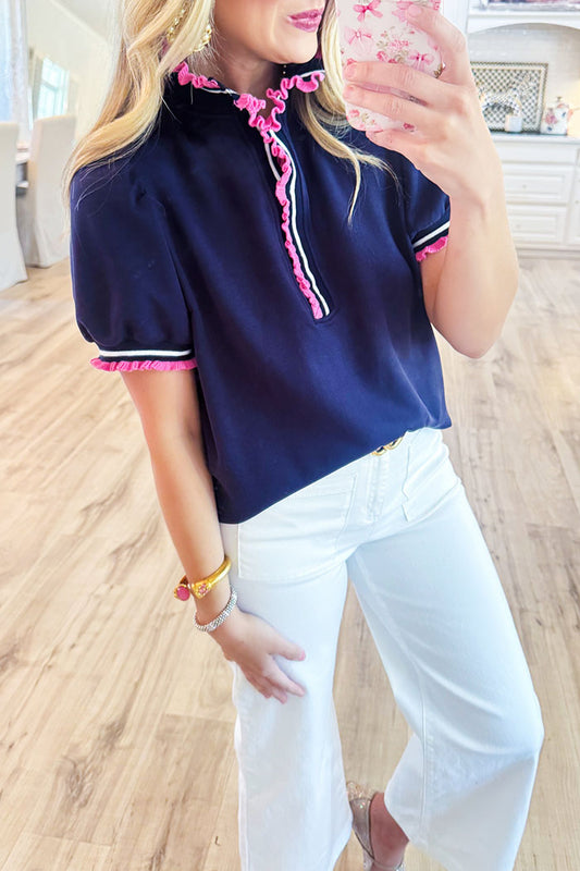 Striped Ruffle Neck Puff Sleeve Top