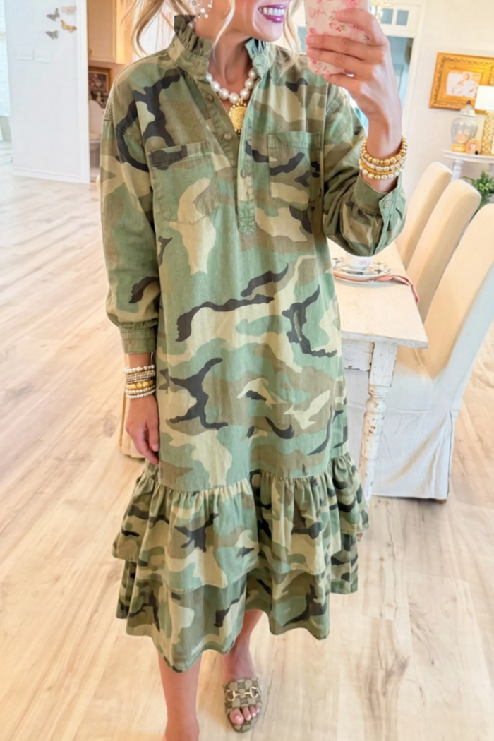 Ruffle Stand Collar Chest Pocket Tier Ruffle Camo Dress