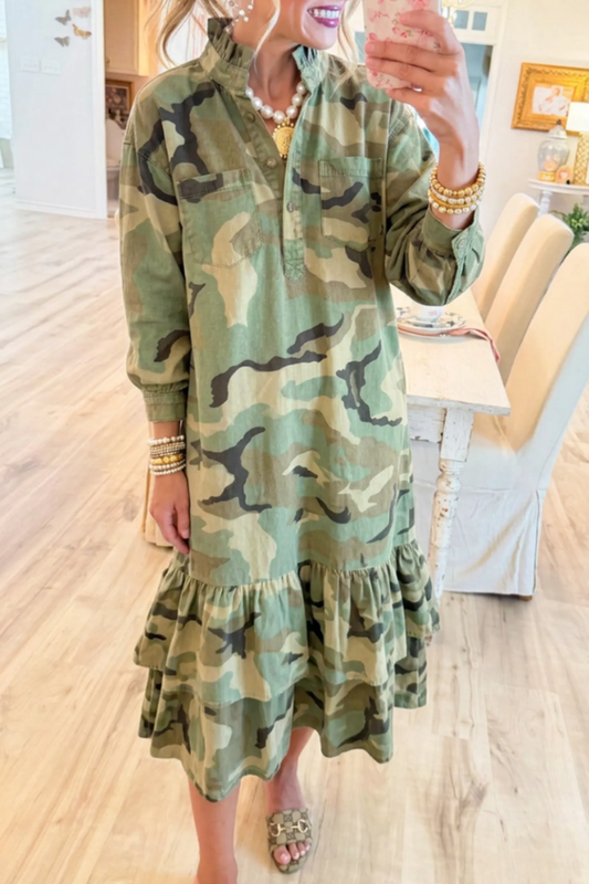 Ruffle Stand Collar Chest Pocket Tier Ruffle Camo Dress
