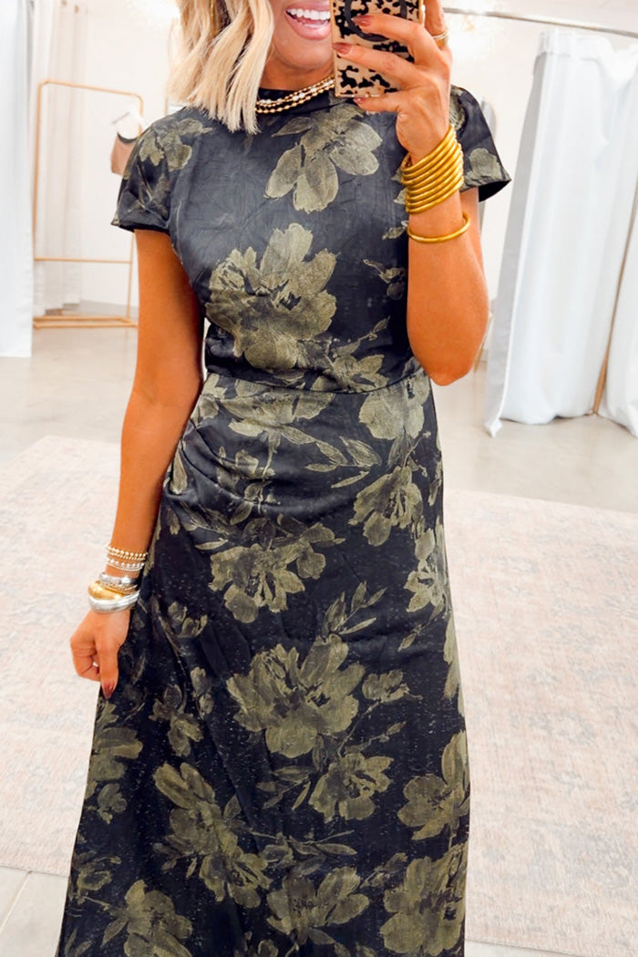 Cap Sleeve Floral Flattering Midi Dress