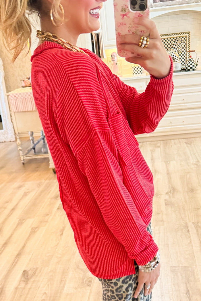Ribbed Long Sleeve Drop Shoulder Top