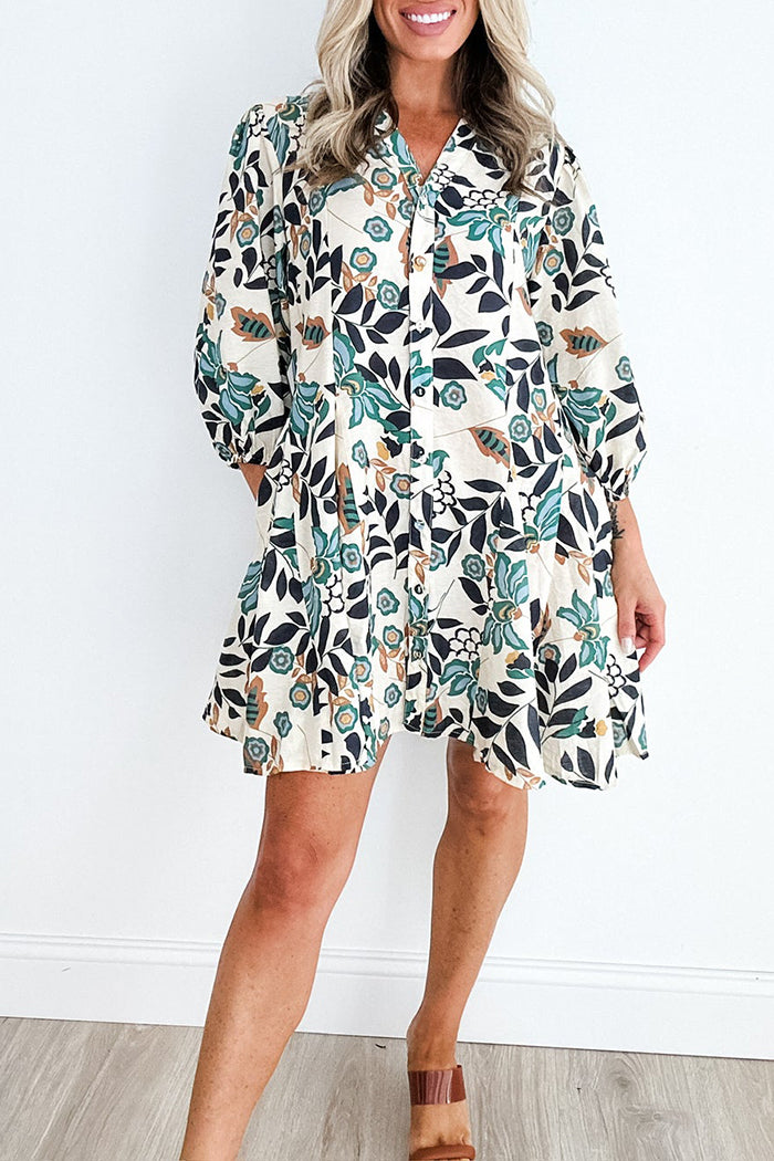 Floral Print Button A-Line Pocket Dress