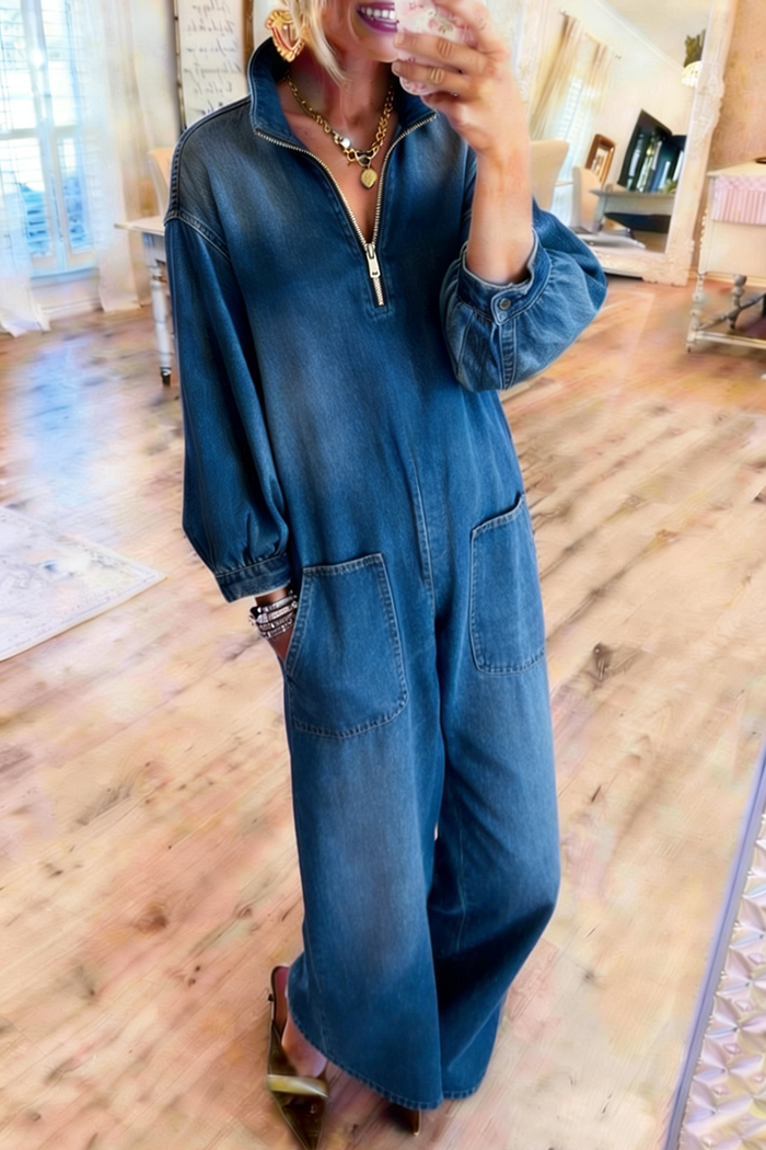 Denim Zip Neck Pocketed Jumpsuit