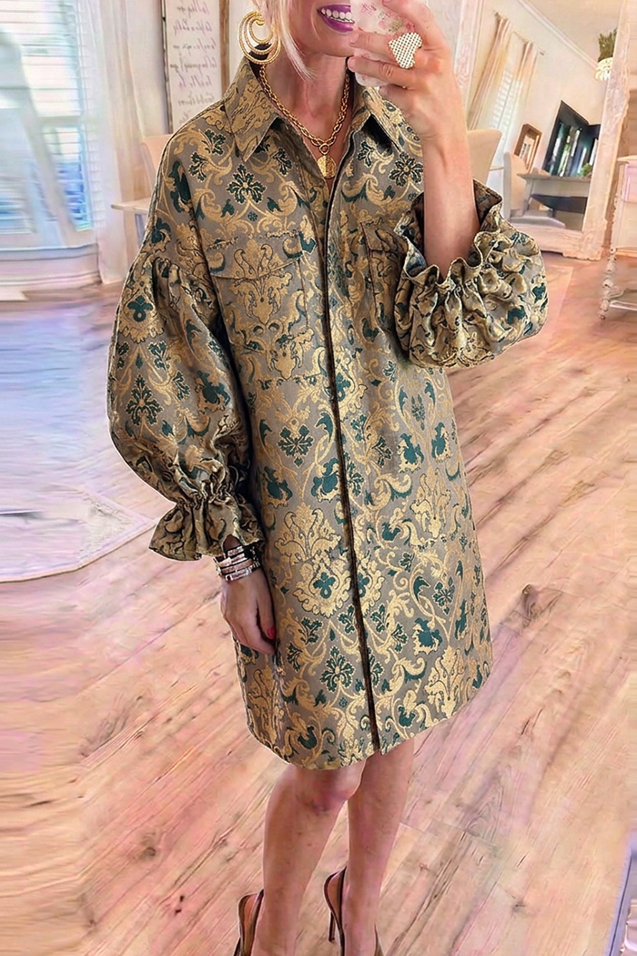 Metallic Vintage Jacquard Collared Ruffle Cuff Shirt Dress