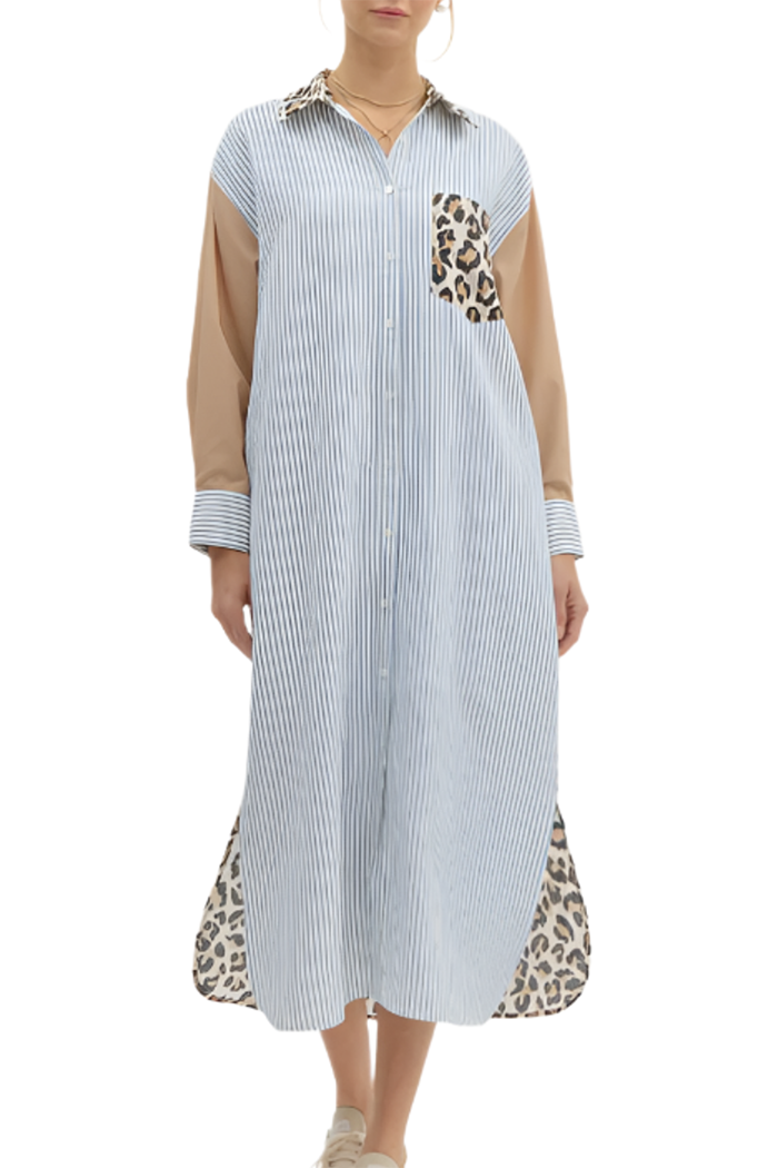 Striped Patchwork Leopard Button Dress