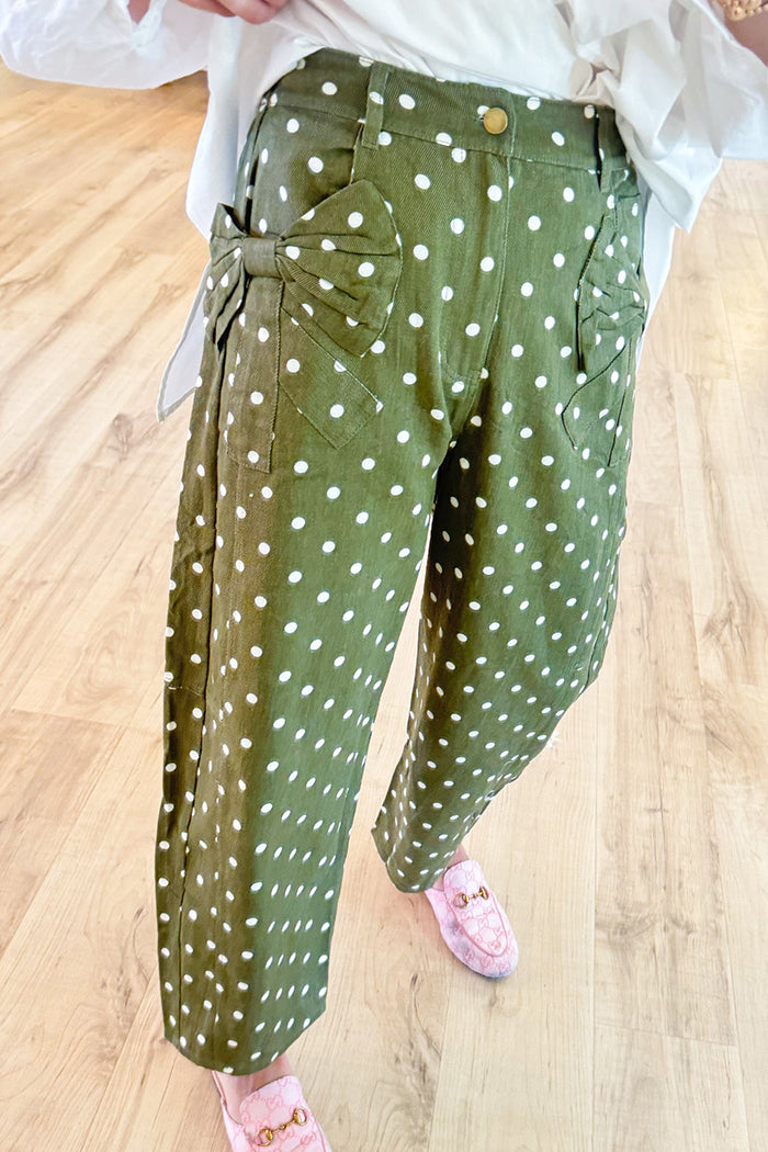 Olive Green Polka Dot Bow Pants