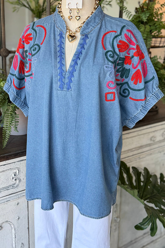 Denim Elastic Cuff Short Sleeve Top