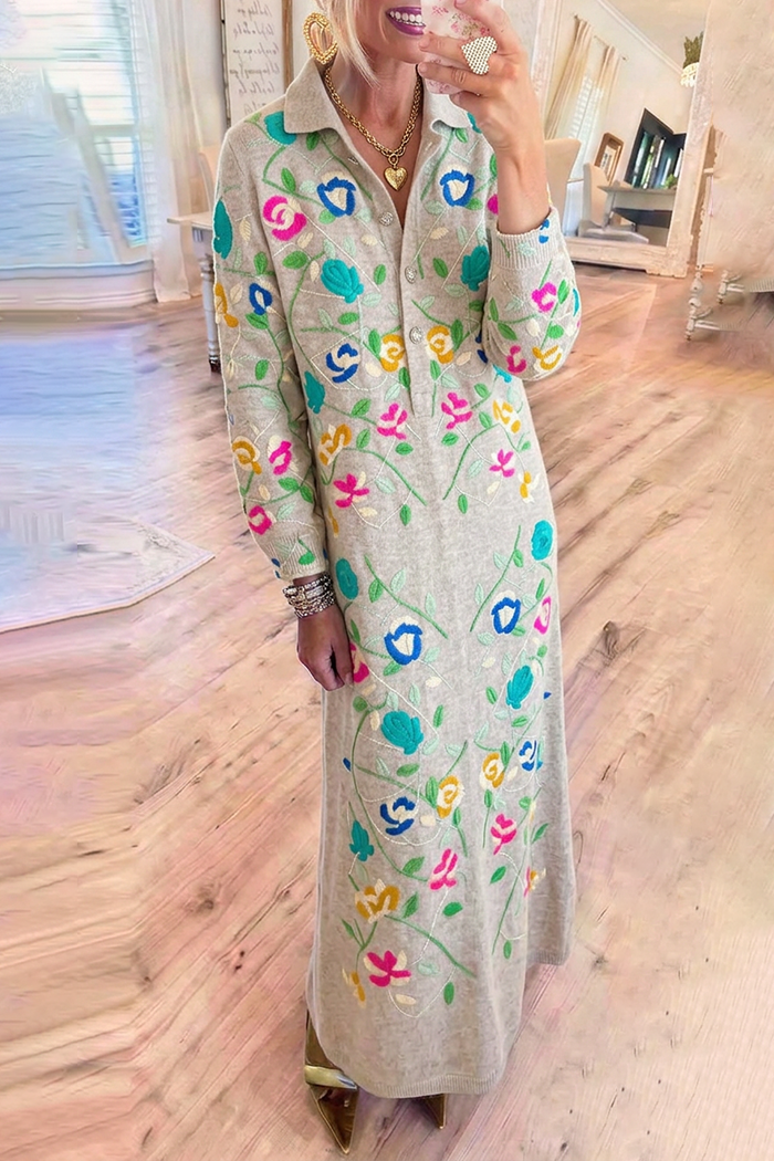 Floral Embroidery Collared Pockets Long Sleeve Maxi Sweater Dress