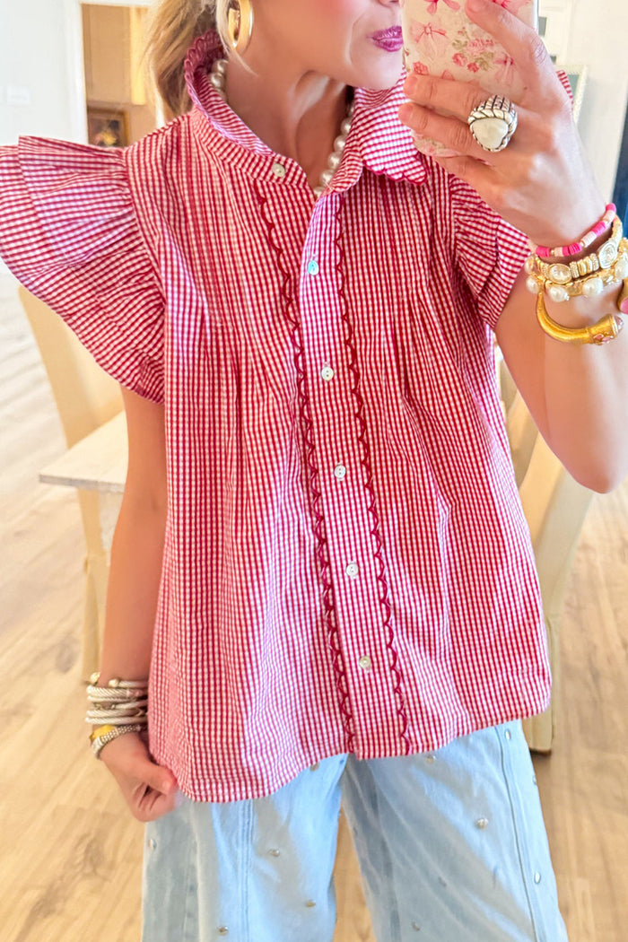 Casual  Red Gingham Ruffle Cap Sleeve Top