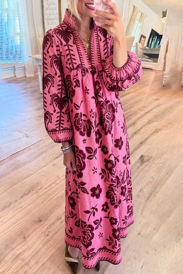 Botanical Floral Stand Collar Balloon Sleeves Pockets Maxi Dress