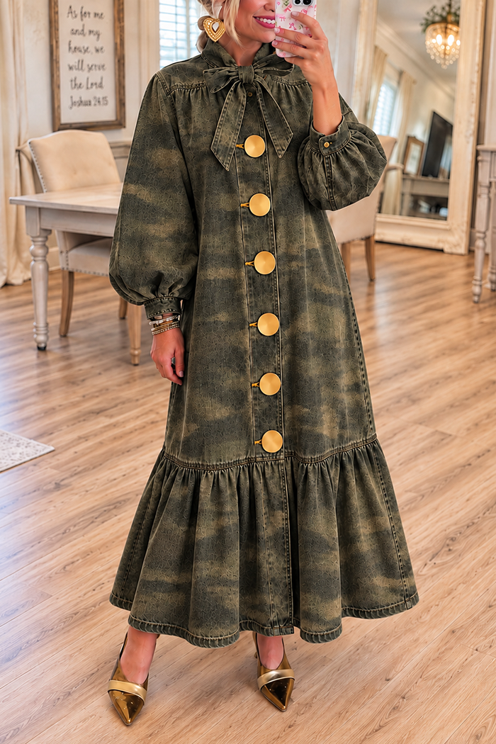 Denim Bow Neck Ruffle Hem Camo Maxi Dress