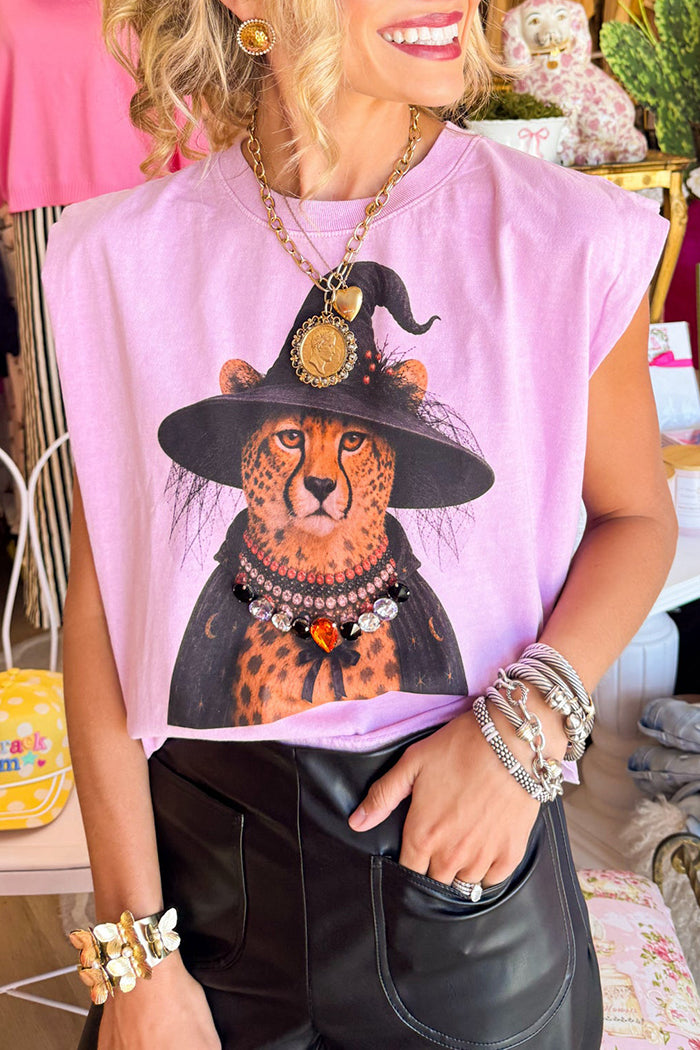 Pink Leopard Witch Graphic Rhinestone Sleeveless Top