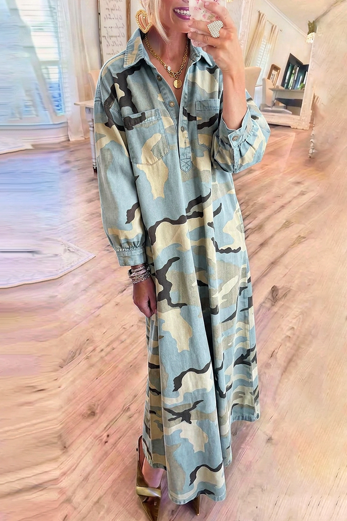 Blue Camo Pocket Long Sleeve Maxi Shirt Dress