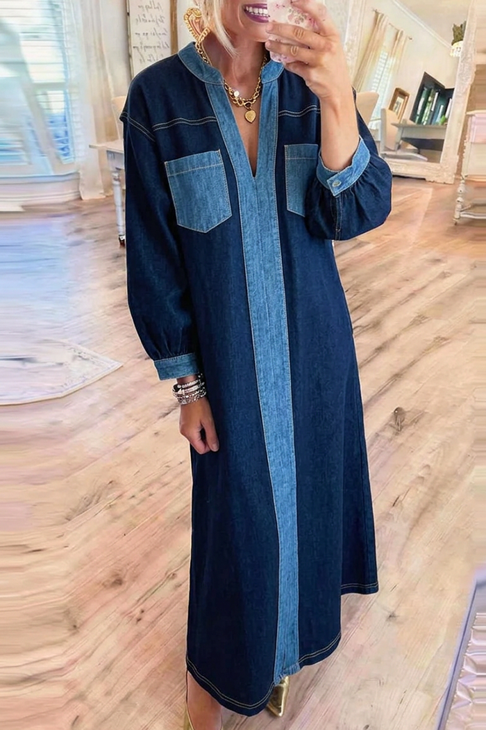 Contrast Denim Pockets Maxi Dress