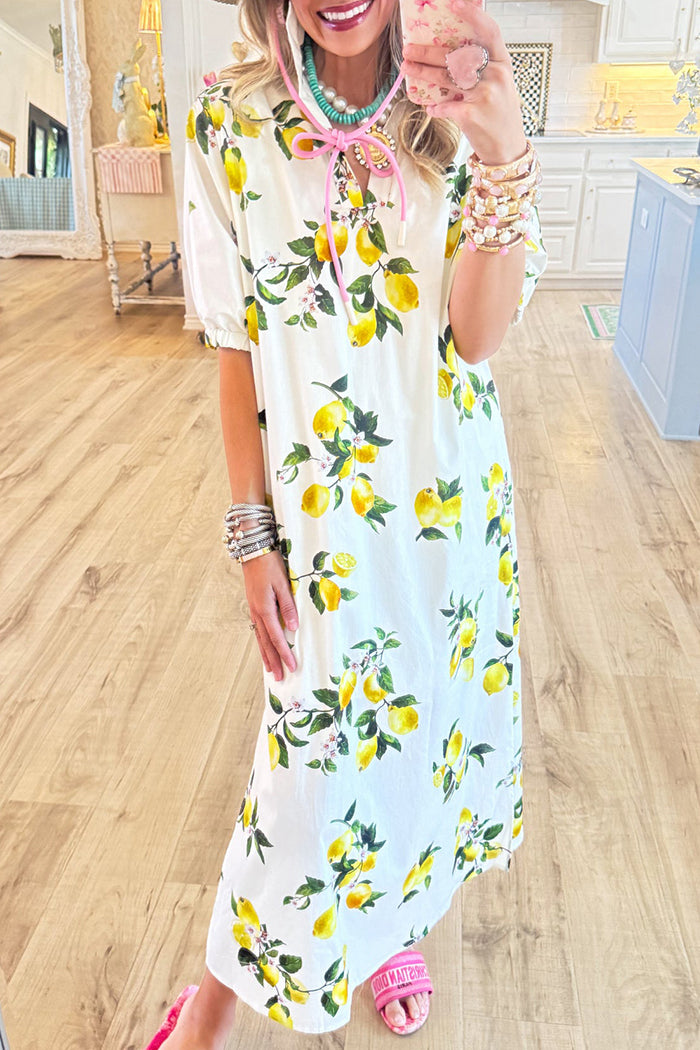 Lemon Print Short Sleeve Midi Dress